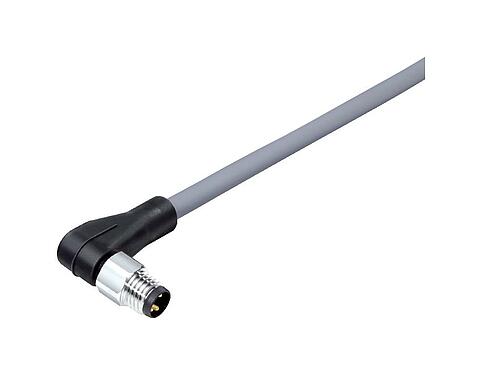 Illustration M8 Connecteur mâle coudé, Contacts: 4, non blindé, surmoulé sur le câble, IP67/IP69K, UL 2238, PVC, gris, 4 x 0,34 mm², Acier inoxydable, 2 m