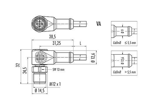 Scale drawing 77 3727 0000 50005-0200 - M12 Male angled connector, Contacts: 5, unshielded, moulded on the cable, IP69K, UL, PUR, black, 5 x 0.34 mm², stainless steel, 2 m
