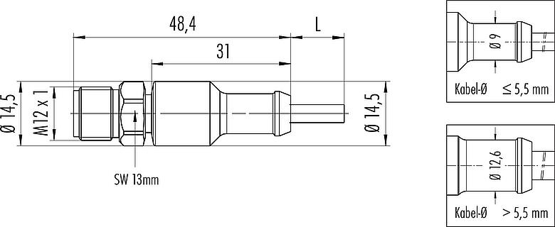 Maßzeichnung M12 Kabelstecker, Polzahl: 4, ungeschirmt, am Kabel angespritzt, IP67/IP69K, UL 2238, Ecolab, PVC, grau, 4 x 0,34 mm², Edelstahl, 5 m