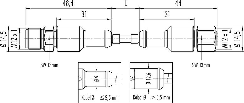 Maßzeichnung M12 Verbindungsleitung Kabelstecker - Kabeldose, Polzahl: 4, ungeschirmt, am Kabel angespritzt, IP67/IP69K, UL 2238, Ecolab, PVC, grau, 4 x 0,34 mm², Lebensmittelindustrie, Edelstahl, 2 m