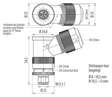 Maßzeichnung M12 Winkelstecker, Polzahl: 4+PE, 8,0-13,0 mm, ungeschirmt, schraubklemm, IP67, UL 2237 in Vorbereitung, mit PE Anbindung
