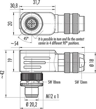Méretarányos rajz M12 derékszögű csatlakozó, : 5, 6,0-8,0 mm, árnyékolható, csavaros bilincs, IP67, UL 2238, árnyékoló gyűrűvel