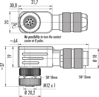 Scale drawing M12 Female angled connector, Contacts: 8, 5.0-8.0 mm, shieldable, screw clamp, IP67, UL 2238, iris spring