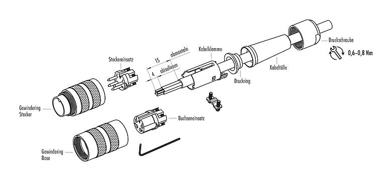 Montageanleitung M16 Kabeldose, Polzahl: 2 (02-a), 4,0-6,0 mm, schirmbar, löten, IP40
