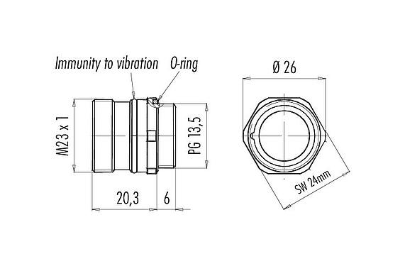 Desenho da escala M23 Soquete de flange, Contatos: 6, desprotegido, solda, IP67
