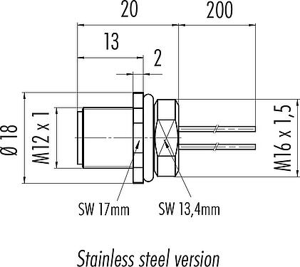 Scale drawing M12 Male panel mount connector, Contacts: 8, unshielded, single wires, IP68, UL 2238, M16x1.5, Front mounting, stainless steel, potted