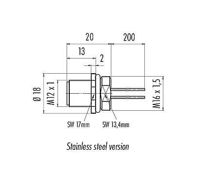 Dessin coté M12 Embase mâle, Contacts: 12, non blindé, fils, IP68, UL 2238, M16x1,5, Montage frontal, Acier inoxydable, coulé