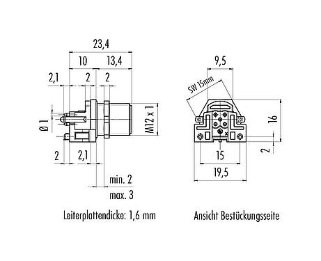 Maßzeichnung M12 Flanschstecker, Polzahl: 5, schirmbar, THR, IP68, UL 2238, M12x1,0, Rückwandmontage, für die Leiterplattenmontage