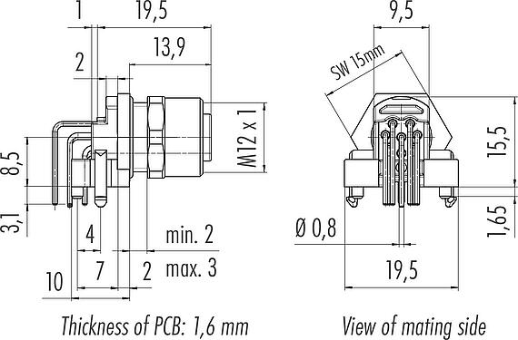 Scale drawing M12 Female angled panel mount connector, Contacts: 8, unshielded, THR, IP68, UL 2238, Front mounting, for PCB assembly