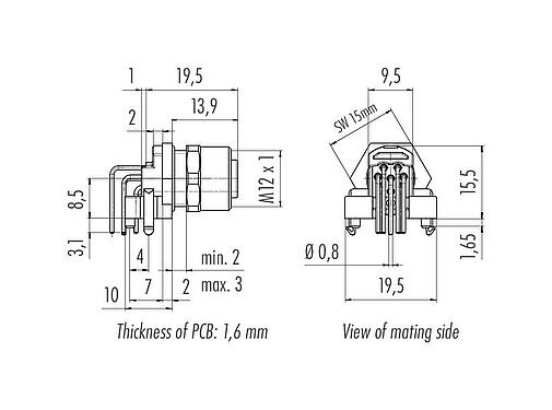 Dessin coté 99 3482 601 08 - M12 Embase femelle, Contacts: 8, blindable, THR, IP68, UL 2238, M12x1,0, Montage mural arrière, pour assemblage PCB