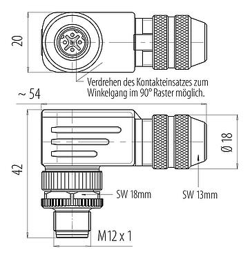 Maßzeichnung M12 Winkelstecker, Polzahl: 4, 6,0-8,0 mm, schirmbar, schraubklemm, IP67, UL 2238, mit Schirmring