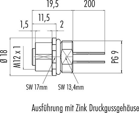 Maßzeichnung M12 Flanschdose, Polzahl: 8, ungeschirmt, Litzen, IP68, UL 2238, PG 9, Frontmontage