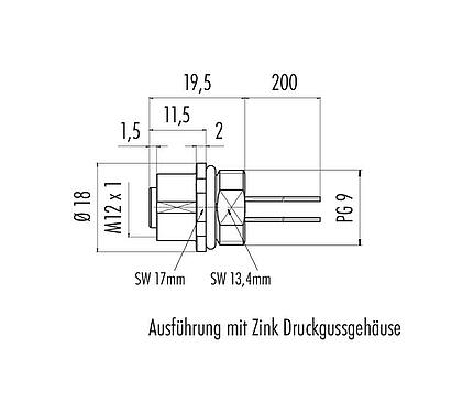 Maßzeichnung M12 Flanschdose, Polzahl: 4, ungeschirmt, Litzen, IP68, UL 2238, PG 9, Frontmontage