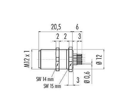 Scale drawing M12 Male panel mount connector, Contacts: 12, unshielded, THT, IP68, M12x1.0, Rear mounting