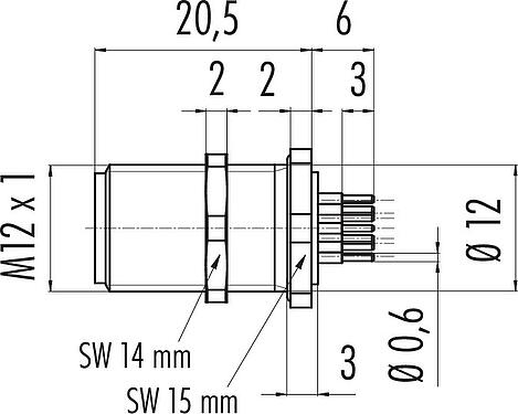 Scale drawing M12 Male panel mount connector, Contacts: 12, unshielded, THT, IP68, M12x1.0, Rear mounting, potted