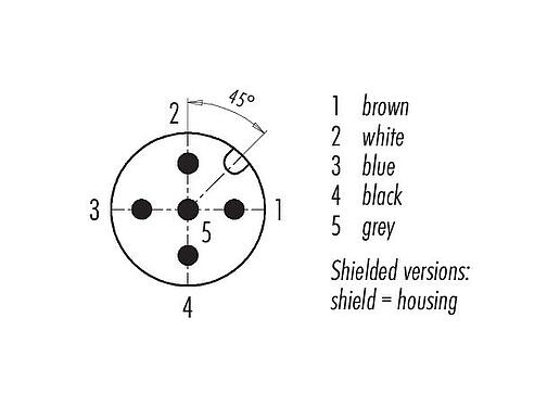 Contact arrangement (Plug-in side) 77 3529 0000 50705-0500 - M12 Male cable connector, Contacts: 5, shielded, moulded on the cable, IP67, UL, PUR, black, 5 x 0.25 mm², 5 m