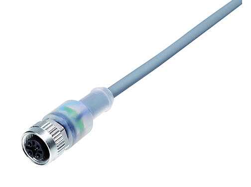 Illustration 77 3630 0000 20004-0200 - M12 Female cable connector, Contacts: 4, unshielded, moulded on the cable, IP69K, UL, PVC, grey, 4 x 0.34 mm², with LED PNP, 2 m
