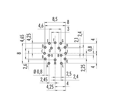 Conductor layout 09 0507 90 16 - M16 Male panel mount connector, Contacts: 16, unshielded, THT, IP67, UL, front fastened