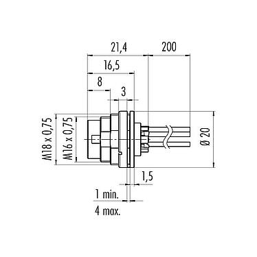 縮尺図 M16 オスパネルマウントコネクタ, 極数: 4 (04-a), 非シールド, 単線, IP40, M18x0,75, 背面パネルマウント