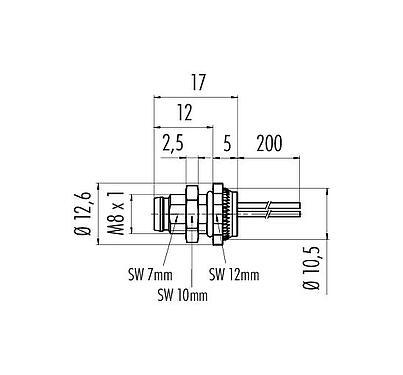 Scale drawing 76 6319 1111 00006-0200 - M8 Male panel mount connector, Contacts: 6, unshielded, single wires, IP67, UL, front fastened
