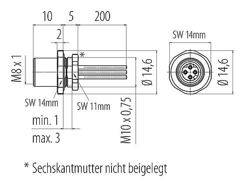 Maßzeichnung M8 Flanschdose, Polzahl: 4, ungeschirmt, Litzen, IP67, M8x1,0, Frontmontage