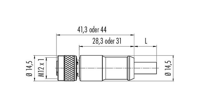 Maßzeichnung 77 3530 0000 50708-0500 - M12 Kabeldose, Polzahl: 8, geschirmt, am Kabel angespritzt, IP67, UL, PUR, schwarz, 8 x 0,25 mm², 5 m