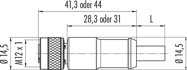Maßzeichnung M12 Kabeldose, Polzahl: 5, geschirmt, am Kabel angespritzt, IP67, UL 2238, PUR, schwarz, 5 x 0,25 mm², 2 m