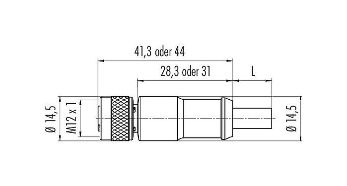 Maßzeichnung 77 3530 0000 50704-0200 - M12 Kabeldose, Polzahl: 4, geschirmt, am Kabel angespritzt, IP67, UL, PUR, schwarz, 4 x 0,34 mm², 2 m