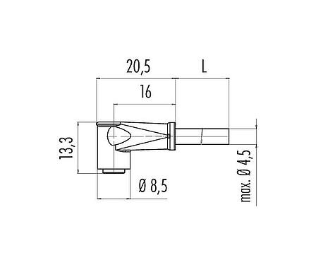 Dessin coté M8 Connecteur femelle coudé, Contacts: 3, non blindé, surmoulé sur le câble, IP65, PUR, noir, 3 x 0,25 mm², Aligner version, 5 m
