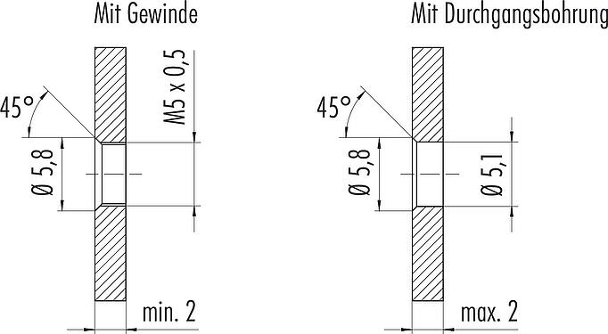 Montageanleitung / Montageausschnitt M5 Flanschdose, Polzahl: 3, ungeschirmt, Litzen, IP67, M5x0,5, Frontmontage, vergossen