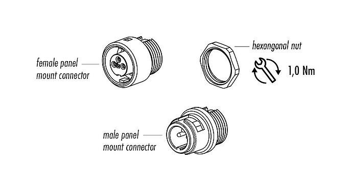 Component part drawing Bayonet Female panel mount connector, Contacts: 2, unshielded, solder, IP40, M10x0.75, Front mounting