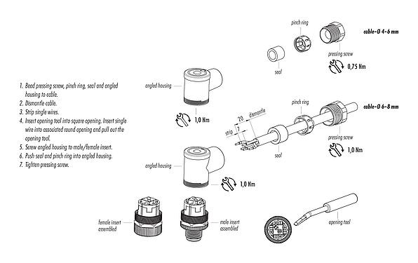 Montagehandleiding M12 Female haakse connector, aantal polen: 4, 4,0-6,0 mm, onafgeschermd, kooiklem, IP67
