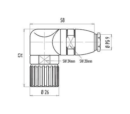Schaaltekening M23 Male haakse connector, aantal polen: 12, 6,0-10,0 mm, onafgeschermd, soldeer, IP67