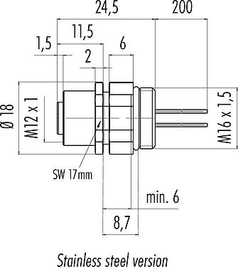 Scale drawing M12 Female panel mount connector, Contacts: 5, unshielded, single wires, IP68/IP69K, UL 2238, M16x1.5, Front mounting, stainless steel, positionable, potted