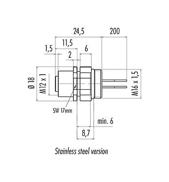 Dessin coté M12 Embase femelle, Contacts: 4, non blindé, fils, IP68/IP69K, UL 2238, M16x1,5, Montage frontal, Acier inoxydable, positionnable, coulé