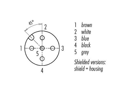 Contact arrangement (Plug-in side) M12 Female angled connector, Contacts: 5, shielded, moulded on the cable, IP67, UL 2238, PVC, grey, 5 x 0.25 mm², 5 m