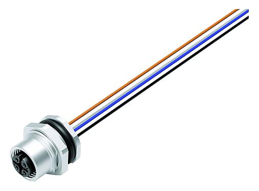 Illustration M12 Female panel mount connector, Contacts: 5, unshielded, single wires, IP68, UL 2238, M16x1.5, Rear mounting, stainless steel, potted