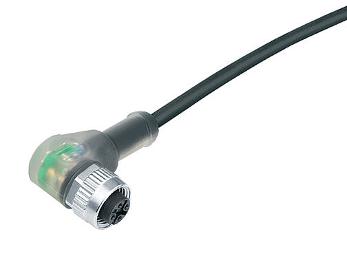 Illustration 77 3634 0000 50003-0500 - M12 Female angled connector, Contacts: 3, unshielded, moulded on the cable, IP69K, UL, PUR, black, 3 x 0.34 mm², with LED PNP, 5 m