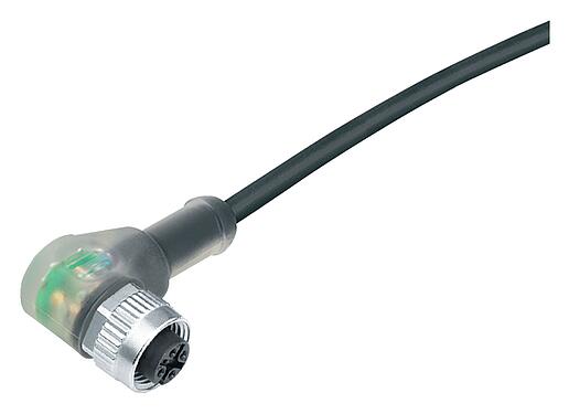 Illustration M12 Female angled connector, Contacts: 3, unshielded, moulded on the cable, IP69K, UL 2238, PUR, black, 3 x 0.34 mm², with LED PNP, 5 m