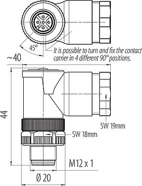 Scale drawing M12 Male angled connector, Contacts: 5, 2.1-3.0 mm (2 cable) or 4-5 mm (2 cable), unshielded, screw clamp, IP67, UL 2238