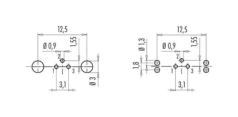 Leiterplattenlayout M9 Flanschdose, Polzahl: 3, schirmbar, THT, IP67, M12x0,5, Rückwandmontage, vergossen