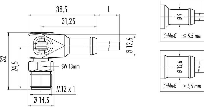 Dessin coté M12 Connecteur mâle coudé, Contacts: 4, non blindé, surmoulé sur le câble, IP67/IP69K, UL 2238, Ecolab, PVC, gris, 4 x 0,34 mm², Acier inoxydable, 2 m