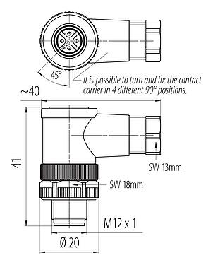 스케일 드로잉 M12 각진 플러그, 콘택트 렌즈: 4, 4.0-6.0mm, 차폐되지 않음, 나사 클램프, IP67, UL 2238