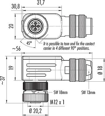 스케일 드로잉 M12 각진 소켓, 콘택트 렌즈: 5, 6.0-8.0mm, 차폐 가능, 케이지 클램프, IP67, 차폐 링 포함
