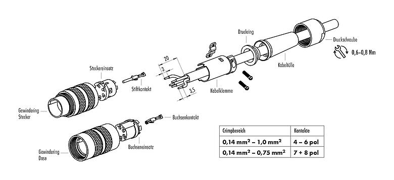 Montageanleitung M16 Kabeldose, Polzahl: 4 (04-a), 4,0-6,0 mm, schirmbar, crimpen (Crimpkontakte müssen separat bestellt werden), IP40