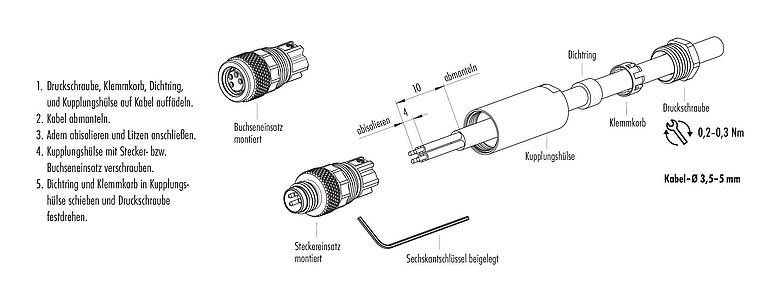 Montageanleitung M8 Kabeldose, Polzahl: 3, 3,5-5,0 mm, ungeschirmt, schraubklemm, IP67, UL 2238