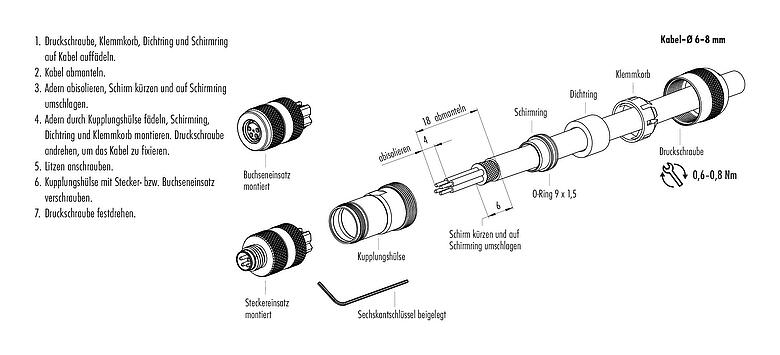 Montageanleitung M8 Kabelstecker, Polzahl: 4, 6,0-8,0 mm, schirmbar, schraubklemm, IP67, UL 2238, mit Schirmring