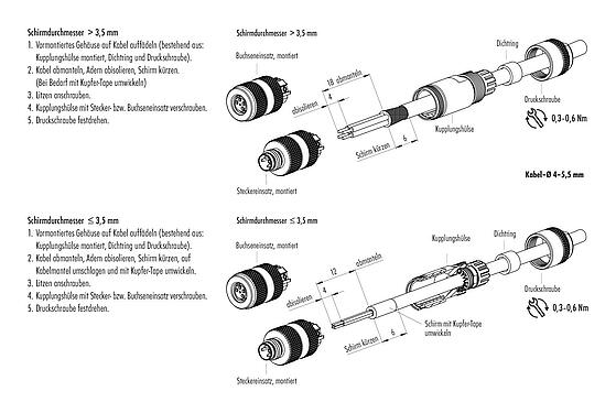 Montageanleitung M8 Kabeldose, Polzahl: 4, 4,0-5,5 mm, schirmbar, schraubklemm, IP67, UL 2238, Irisfeder