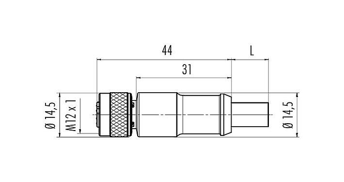 Desenho da escala 77 4330 0000 60702-0200 - M12 Tomada de cabo, Contatos: 2, blindado, moldado no cabo, IP67, UL, Profibus, PUR, púrpura, 2 x 0.25 mm², 2 m