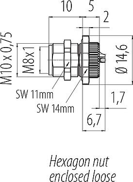 Bản vẽ tỷ lệ M8 Ổ cắm gắn bảng, Số lượng cực : 3, hàn, IP67/IP69K, M10x0,75, Chốt trung tâm, với cốc hàn